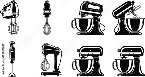 Collection of Kitchen Mixer Icons Including Electric Hand Mixers Immersion Blenders and Professional Stand Mixers for Bakery Culinary and Home Cooking Vector Graphics