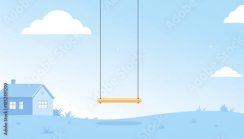 A simple vector image with a swing, house, and hills in a pastel blue landscape with fluffy white clouds overhead