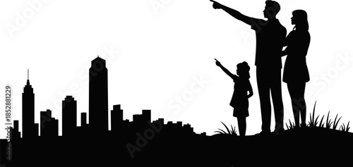 Family Silhouette Pointing at City Skyline From a Hill for Urban Planning Future Vision Housing Development and New Life Concepts