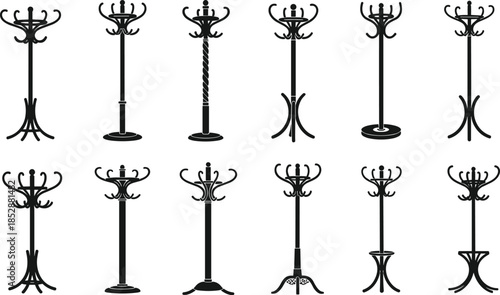 Set of vintage standing coat rack silhouettes with bentwood hooks and classic Victorian style furniture hangers for interior design home decor icons