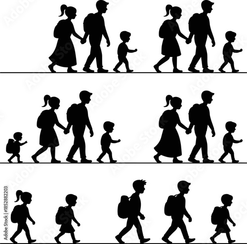 School Children and Students Silhouette Icon Set Featuring Kids Walking with Backpacks for Education Back to School Learning and Youth Development