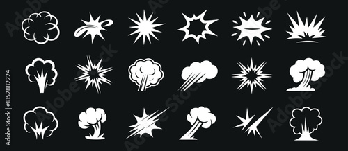 Comic Energy Explosion Set with Cartoon White Explosions, Fireballs, and Blast Effects. Impact Flashes, Fire Flames, Smoke, and Bursts for Manga Games Animation. Vector Silhouettes.