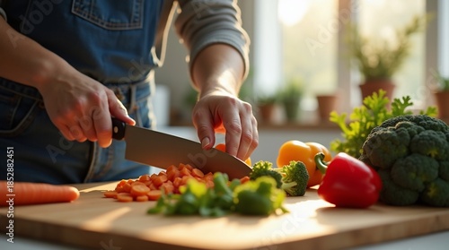 Person chopping fresh vegetables on a wooden cutting board for a healthy meal