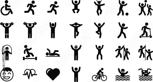 Silhouette icons, fitness activities, sports exercise, health wellness, inclusive design, running cycling swimming, dancing jumping rope, medical heart, emotional happiness, teamwork