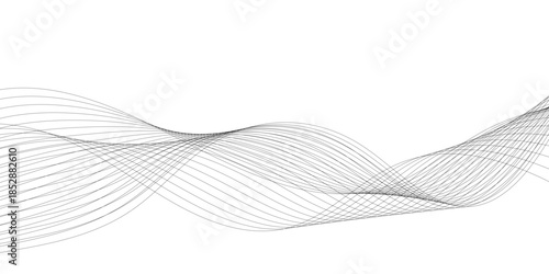 Modern abstract gray flowing wave line pattern on white background, smooth parallel curves inspired by sound frequency motion, creating balance, harmony, and clean vector style