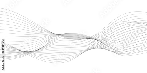Modern abstract gray flowing wave line pattern on white background, smooth parallel curves inspired by sound frequency motion, creating balance, harmony, and clean vector style