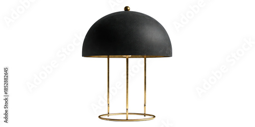 Modern table lamp with a black dome shade, gold metallic base, and sleek linear supports