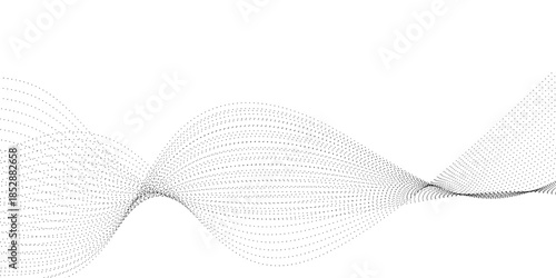 Monochrome abstract dotted wave flowing across a white background, featuring gray particle points creating elegant motion, depth, and a clean modern tech vector style