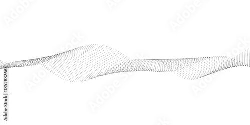 Abstract dotted wave vector background with flowing gray particle points on white, forming monochrome digital motion, depth, and visual harmony for technology and science
