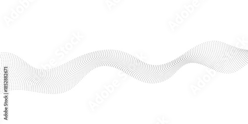 Abstract dotted wave vector background with flowing gray particle points on white, forming monochrome digital motion, depth, and visual harmony for technology and science