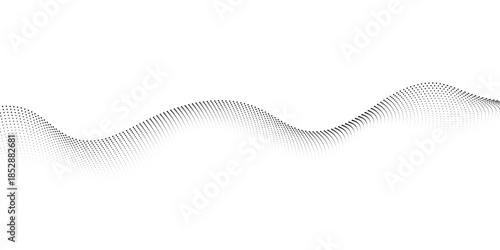 Modern minimal abstract dotted wave on white background, smooth gray particle flow illustration inspired by digital data, technology, science, and big data visualization