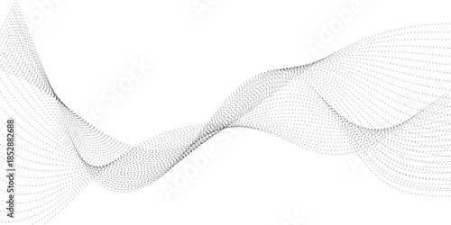 Minimal abstract dotted wave flowing on a white background, featuring smooth gray particle points creating elegant motion, depth, and a modern digital vector design