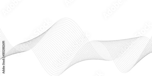 Monochrome abstract dotted wave flowing across a white background, featuring gray particle points creating elegant motion, depth, and a clean modern tech vector style