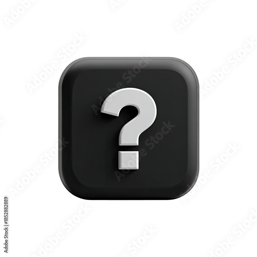 A 3D rendered, glossy, black square button with a raised, white question mark in the center