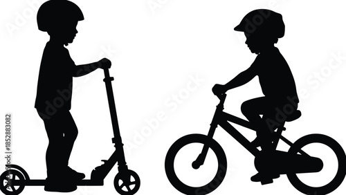 Silhouette of children with scooter and bicycle, helmets, black figures, safety, transportation, recreation, outdoor activity, standing pose, profile view, childhood fun