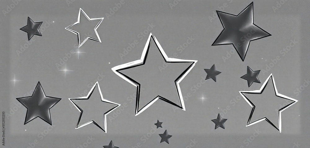 Fototapeta premium Whimsical, unevenly sized stars sketched in charcoal, varying shades of gray, illustration, stars