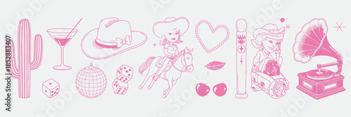 Cowgirl Disco Pink Collection. Vector Illustration of Cowboy Hat, Boots, Horse, Cactus, and Disco Ball. Girly Doodle Set with Western and Vegas Party Elements for Bachelorette.