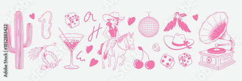 Cowgirl Disco Pink Collection. Vector Illustration of Cowboy Hat, Boots, Horse, Cactus, and Disco Ball. Girly Doodle Set with Western and Vegas Party Elements for Bachelorette.