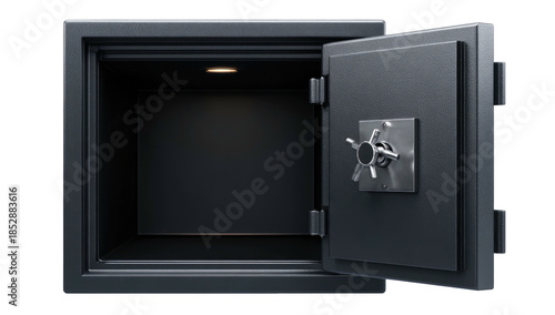 Rendered 3D image depicts an empty, open safe, showcasing its internal compartment and secure door