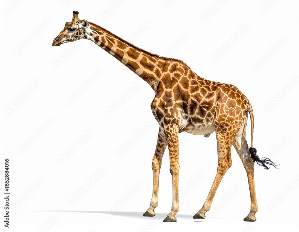 Naklejka premium Photo of a giraffe isolated on a white background. Tall African mammal with a long neck, ideal for wildlife, nature, and animal photography projects.
