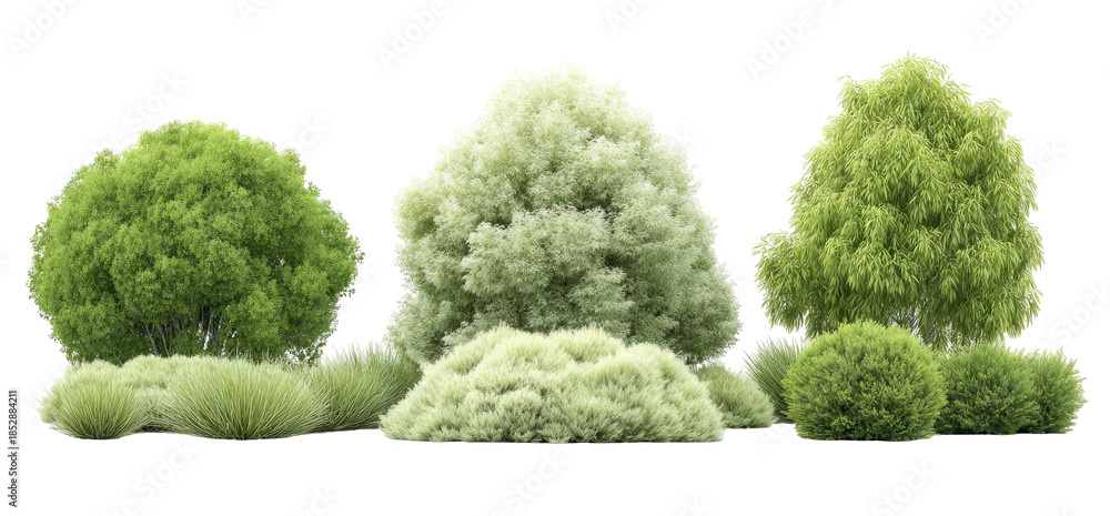 Obraz premium Three stylized, lush green trees and bushes, rendered on a black background