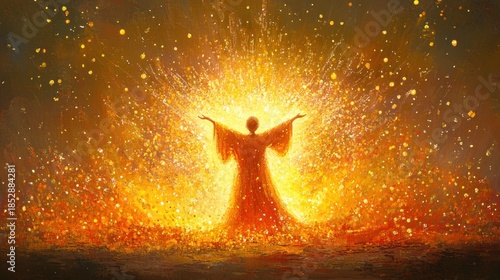 Radiant figure in golden robe, bathed in light