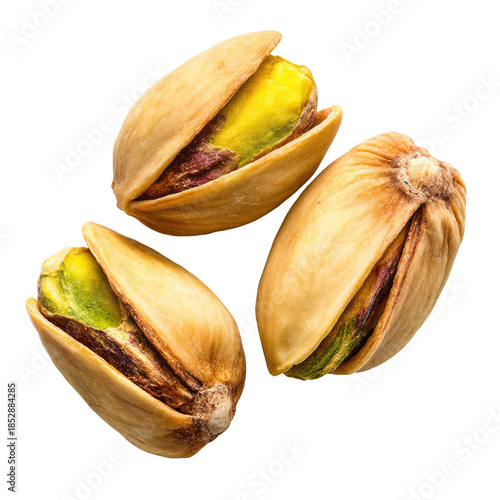 Close-up of three shelled nuts, one partially open, showing vibrant green kernels