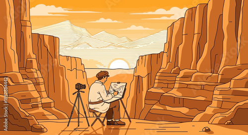 Artist Painting on Canvas in Canyon.