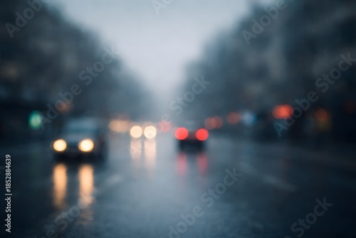A softly blurred rainy weather background on a city street with car lights