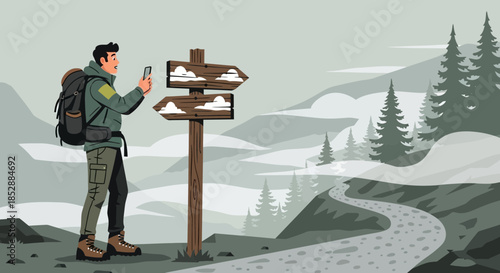 Man Hiker Standing at Wooden Signpost.