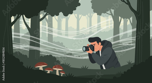 Man Photographing Mushrooms in Forest.