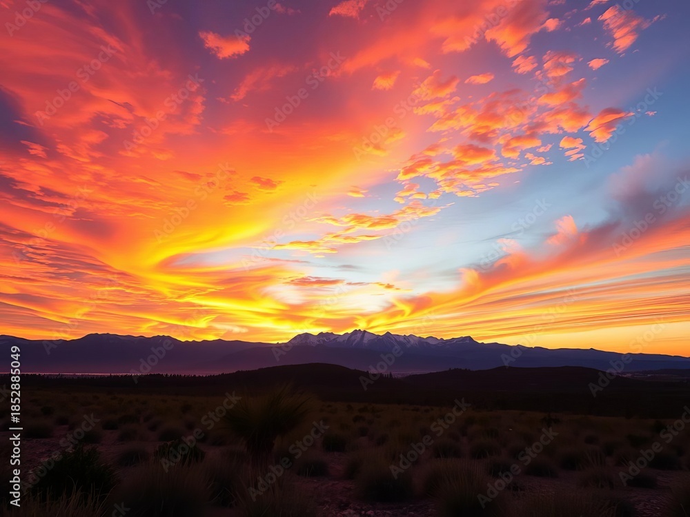 Obraz premium Vast, colorful sky ablaze with sunset hues over a distant mountain range, sunset, serene