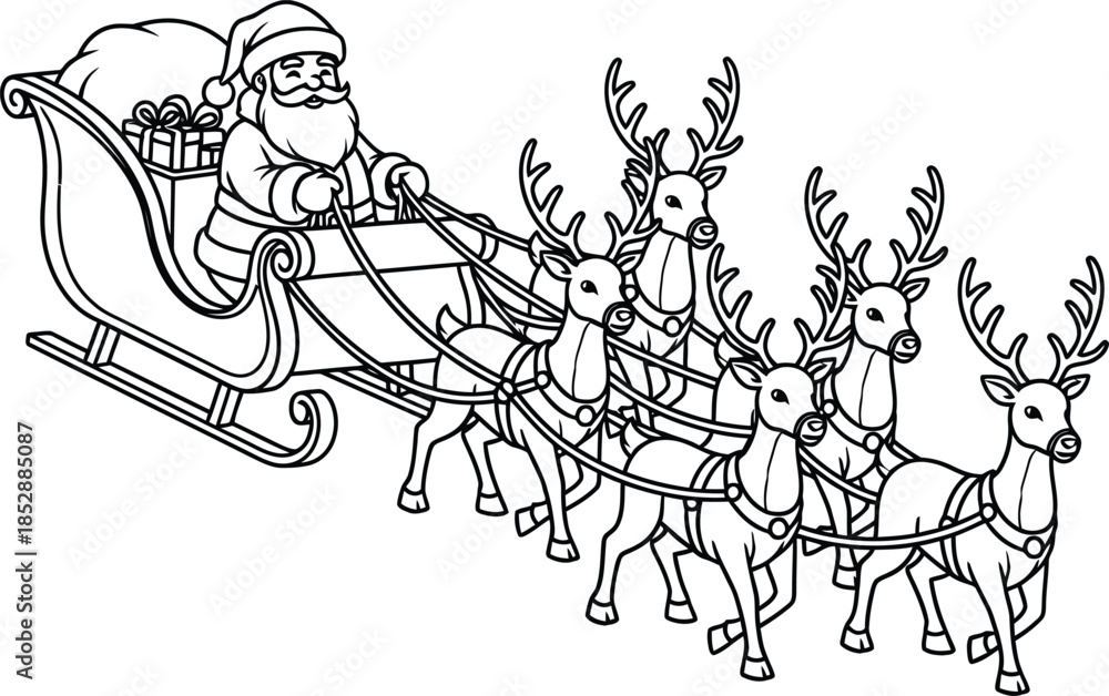 Fototapeta premium Santa claus riding a horse drawn sleigh pulled by reindeer
