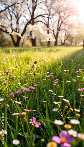 Vibrant green meadow with delicate wildflowers, soft sunlight filtering through blooming trees, fresh atmosphere,  outdoors,  landscape