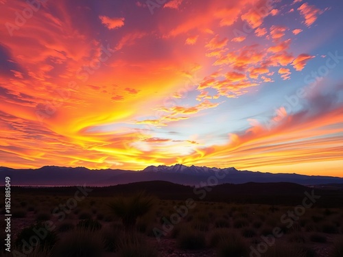 Vast, colorful sky ablaze with sunset hues over a distant mountain range, sunset,  serene