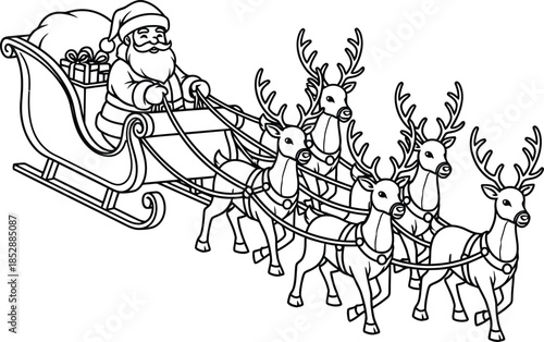 Santa claus riding a horse drawn sleigh pulled by reindeer