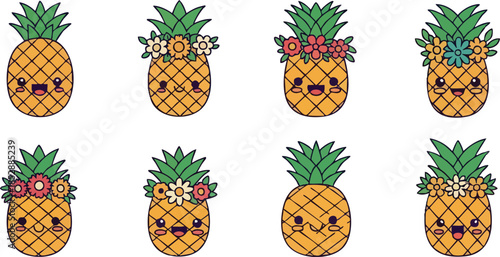 Set of cute kawaii pineapple characters with flower crowns.