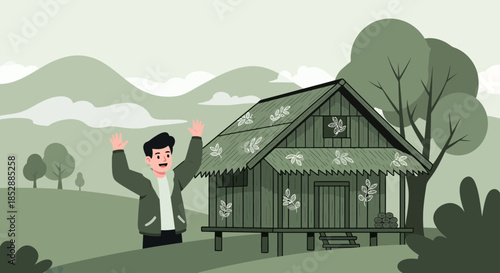 Man Standing Outside Cottage House Illustration.