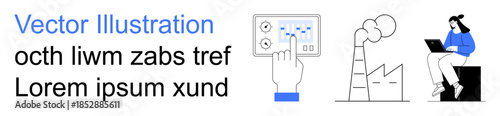 Industrial automation, environmental monitoring, tech education, renewable energy, data analysis, remote work. A hand interacts with a digital interface near a factory. Industrial automation