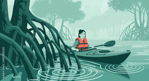 Woman in Life Jacket Paddling Canoe.