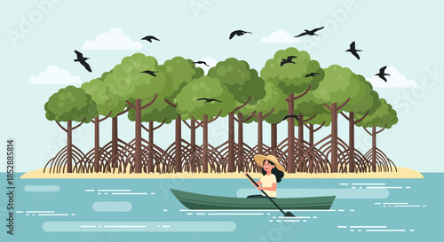 Woman Paddling Boat Near Mangrove Trees.