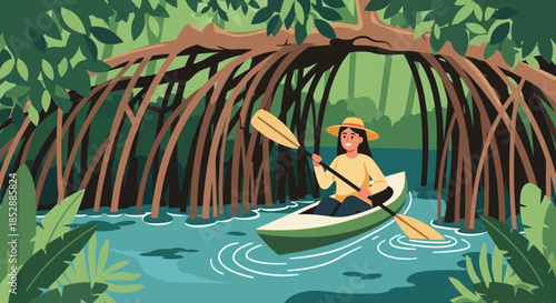 Woman Paddling Canoe in Jungle River.