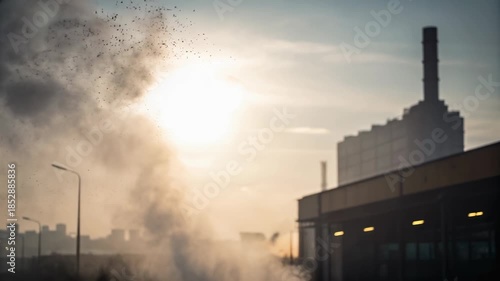 Air pollution hazard with dark smoke from industrial factory chimney silhouette showing health effects and pollution near urban environment at sunset