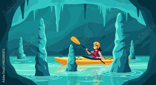 Woman Paddling Yellow Kayak Solo Adventure.