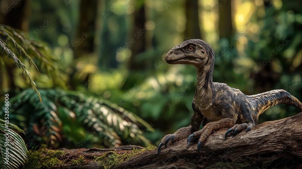 Obraz premium Velociraptor mongoliensis in lush forest perch
