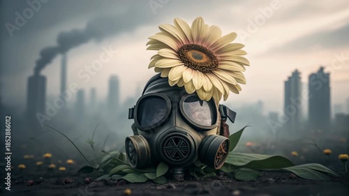 Gas mask flower symbolizes health effects air hazard pollution environment nature concept showing impact on health and environment due to pollution