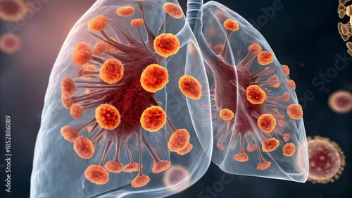 Lung infection effects caused by airborne hazard virus particles impacting respiratory health with visible air contamination and virus cells inside