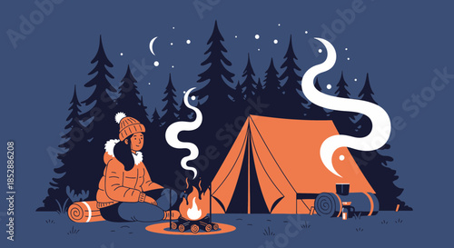 Woman Sitting by Campfire Near Tent.