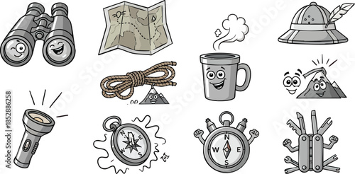 Set of HandDrawn Camping and Hiking Gear Illustrations.