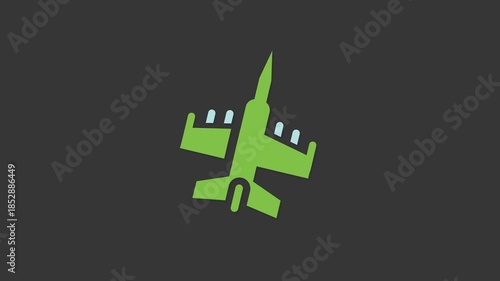 Green Jet Icon: A sleek, modern icon of a jet aircraft, rendered in vibrant green, poised against a dark backdrop, perfect for aviation or technology themes.